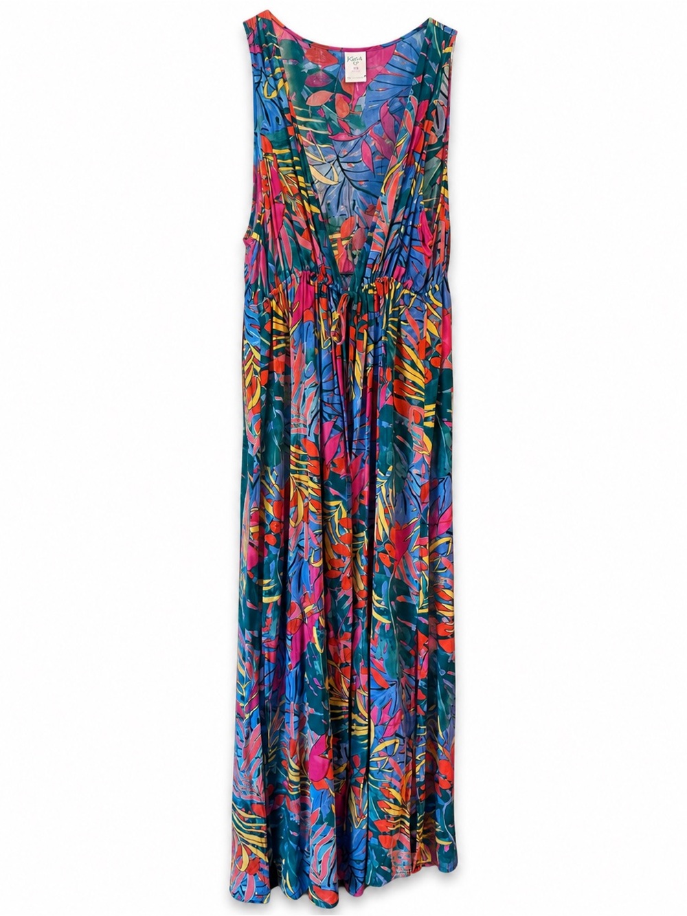 Kona Sol Colorful Tropical Print Maxi Coverup— Blue, Pink, Orange, Yellow
